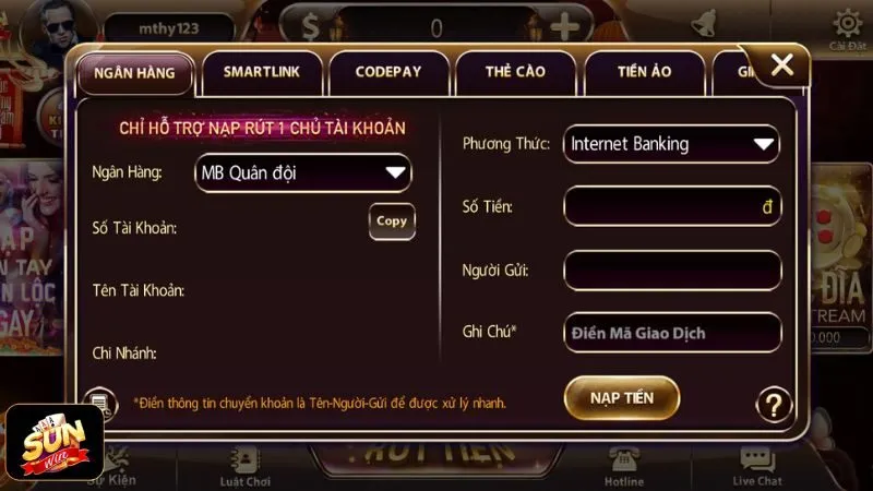 Hướng dẫn tân binh nạp tiền Sunwin đơn giản trong vài bước Hướng dẫn tân binh nạp tiền Sunwin đơn giản trong vài bước